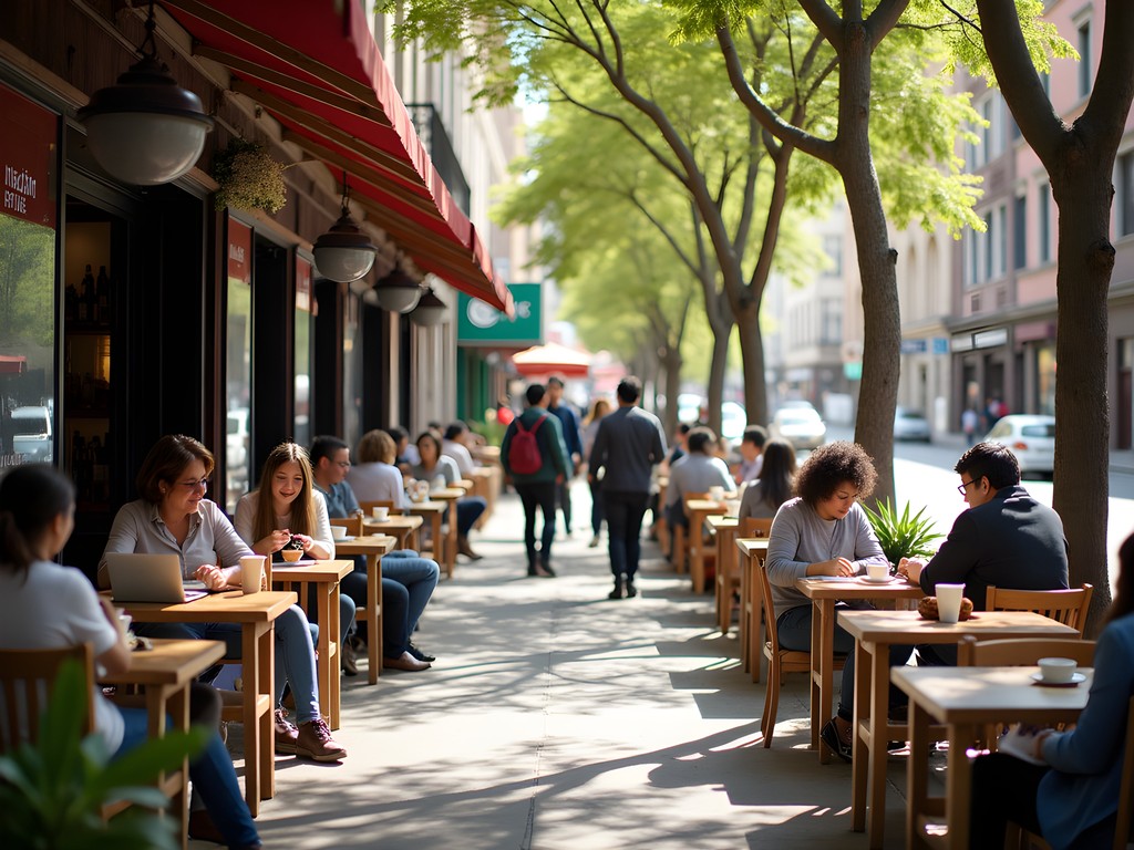 Woman enjoying coffee and reading at an outdoor cafe in Santiago
