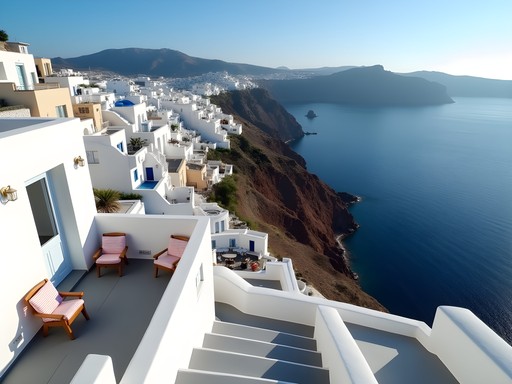 View from a boutique guesthouse in Firostefani showing white terraces and the blue Aegean Sea