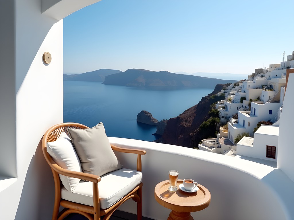 Woman enjoying morning meditation on a private balcony overlooking Santorini caldera