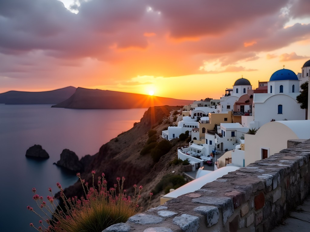 Woman enjoying peaceful sunset away from crowds at a hidden spot in Santorini
