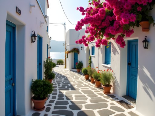 Narrow alleyway in Pyrgos village with traditional white architecture and blooming bougainvillea