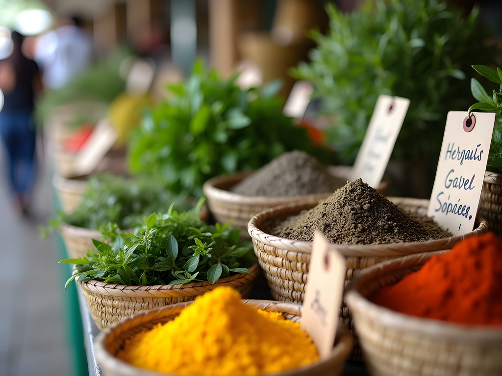 Colorful herb stall at Scarborough Market with traditional medicinal plants
