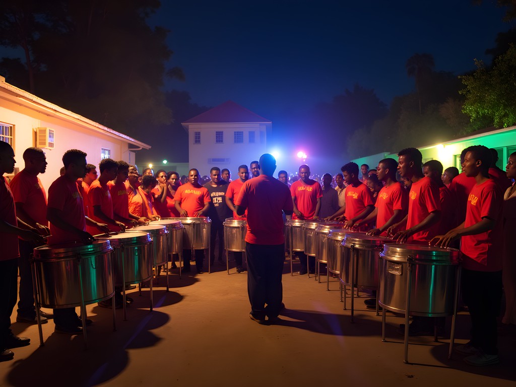Steel pan orchestra performing at Sunday School in Buccoo, Tobago