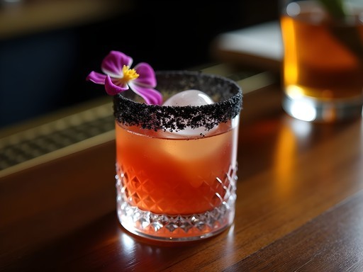 Artisanal craft cocktail in Seattle bar with volcanic black salt rim and edible flower garnish