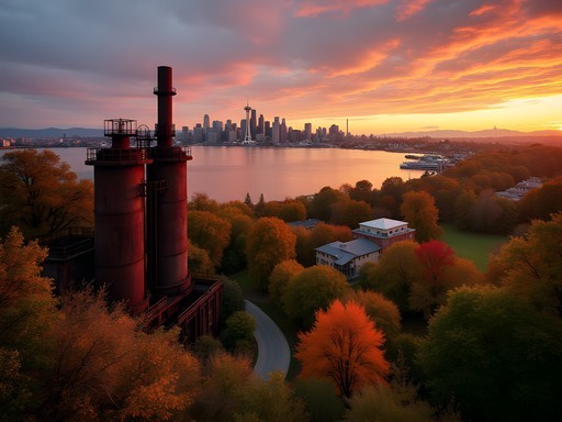 Gas Works Park in Seattle at sunset with rusted industrial structures against fall foliage and city skyline