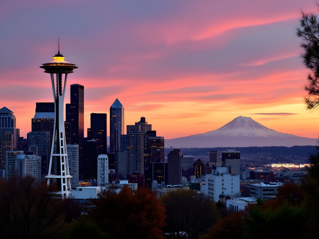 Seattle skyline view from Kerry Park at sunset with Space Needle and Mount Rainier visible in the distance