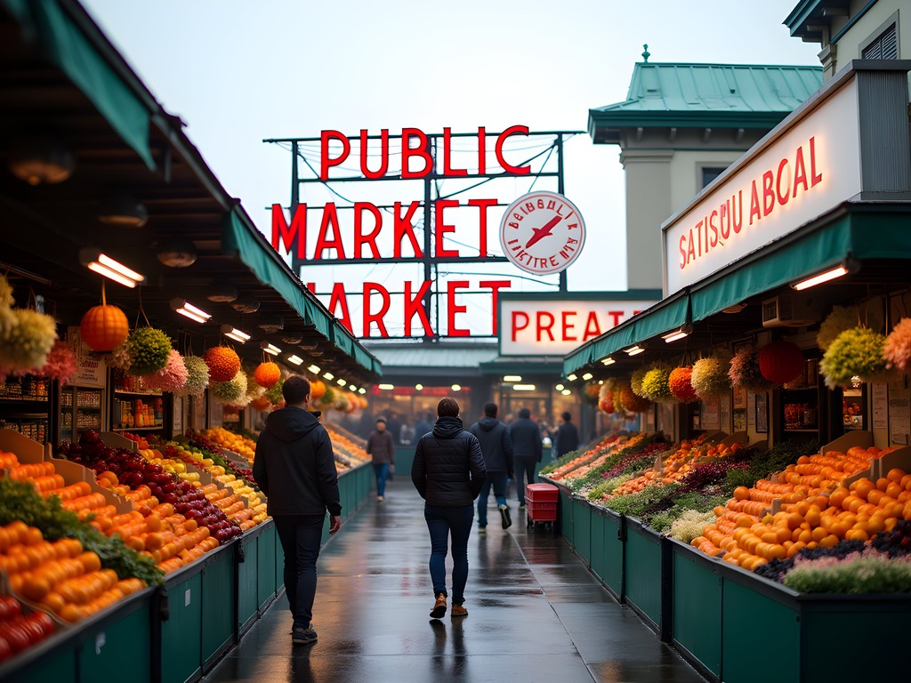 Early morning at Pike Place Market in Seattle during fall with colorful produce displays and fewer crowds