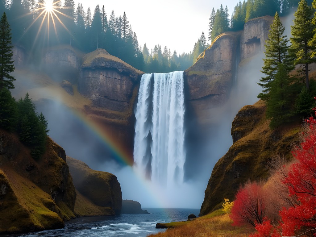 Snoqualmie Falls in autumn with morning mist rising from the cascade surrounded by colorful fall foliage