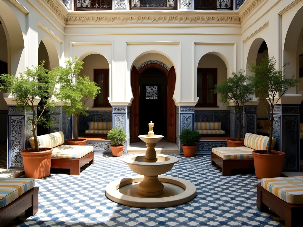 Traditional Tunisian courtyard accommodation with fountain and arched architecture