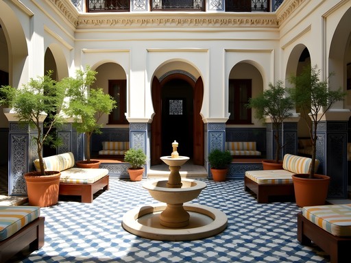 Traditional Tunisian courtyard accommodation with fountain and arched architecture
