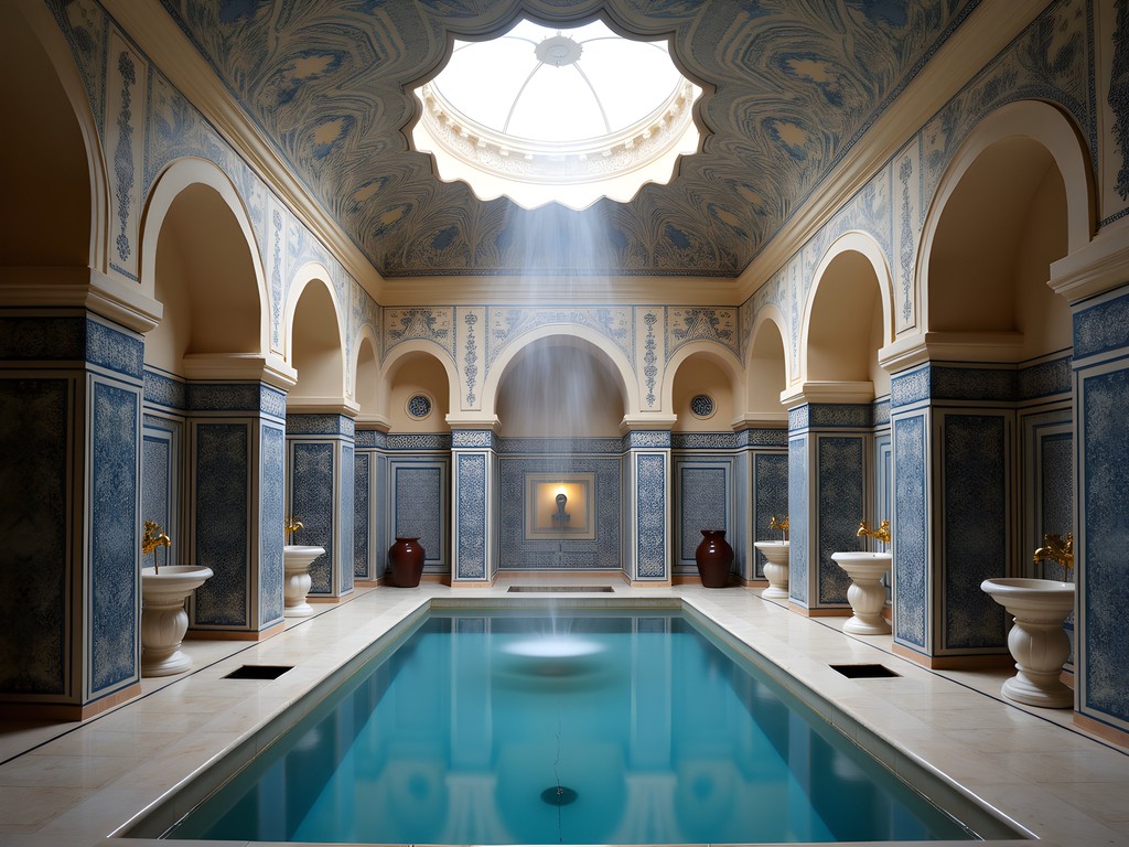 Traditional Tunisian hammam interior with ornate tile work and steam