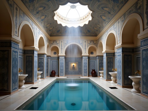 Traditional Tunisian hammam interior with ornate tile work and steam