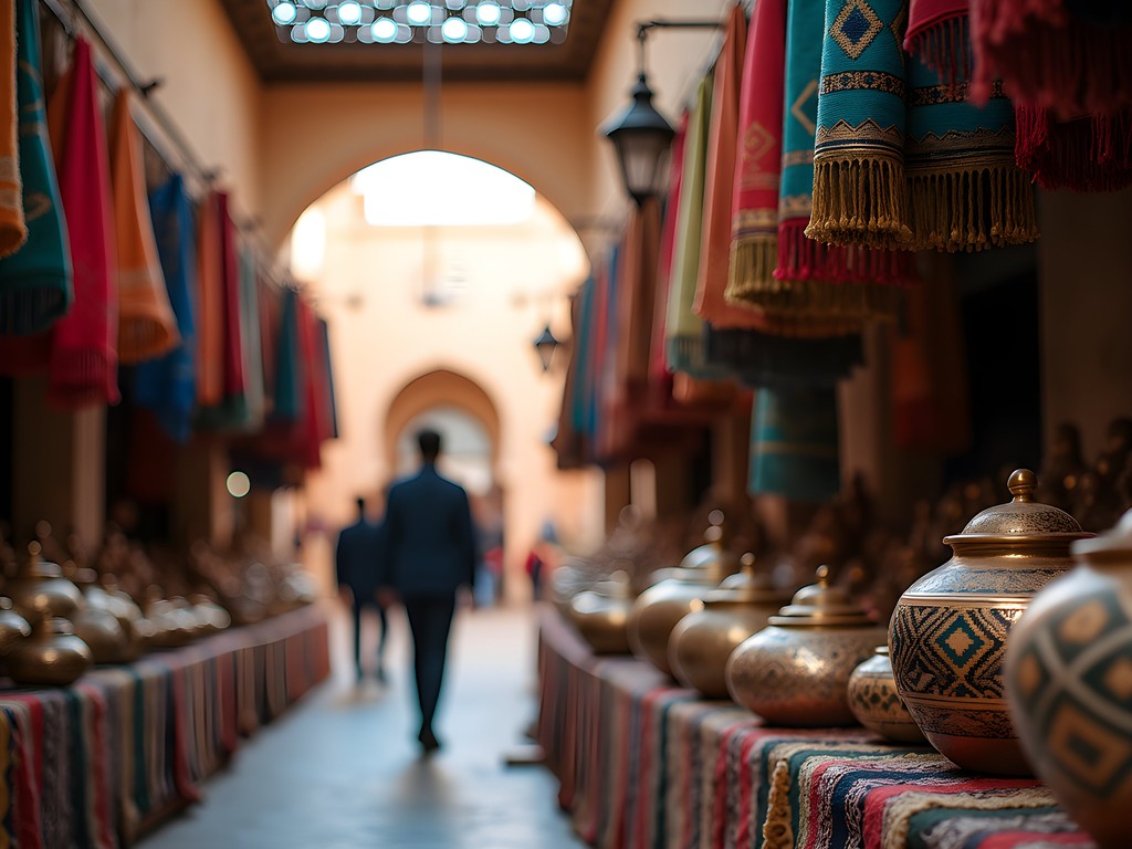 Colorful textiles and traditional crafts at Tunisian marketplace