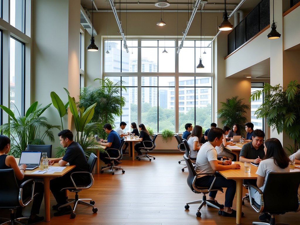 Modern co-working space in Singapore with diverse professionals working and networking