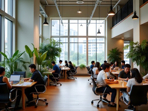 Modern co-working space in Singapore with diverse professionals working and networking