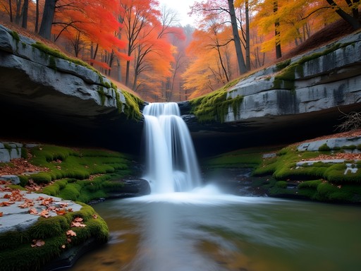 Secluded waterfall surrounded by fall foliage in the Ozarks near Springdale