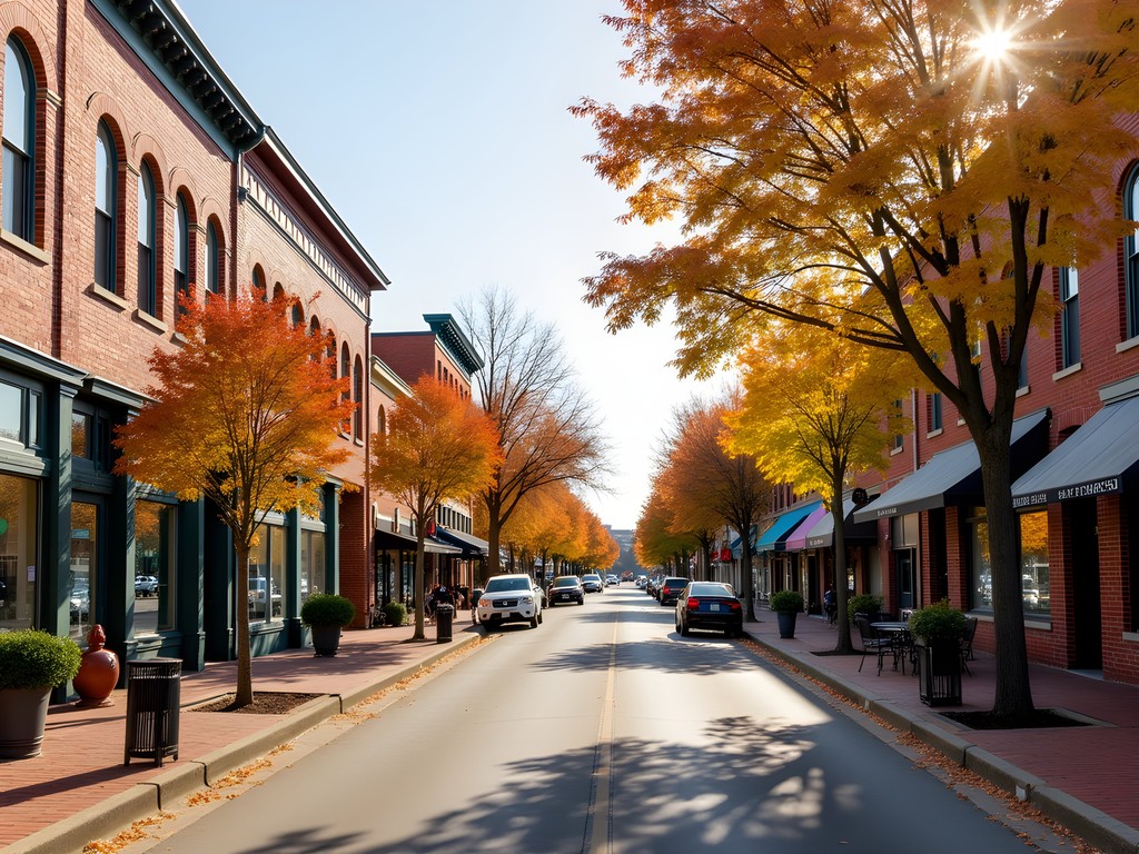 Downtown Springdale, Arkansas with fall foliage and historic buildings