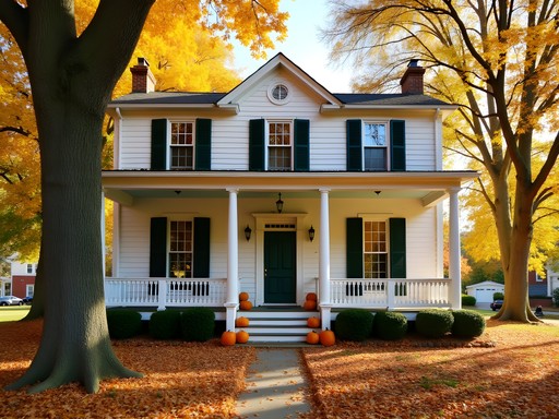 Abraham Lincoln's home in Springfield with fall decorations and autumn leaves