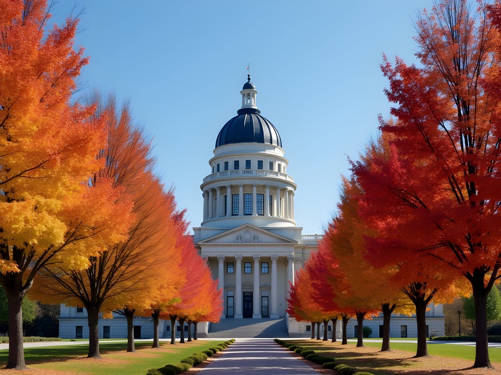Springfield Illinois State Capitol building surrounded by fall foliage
