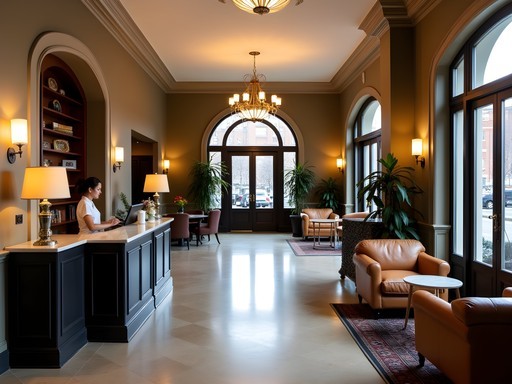Woman checking into boutique hotel in Central West End neighborhood of St. Louis