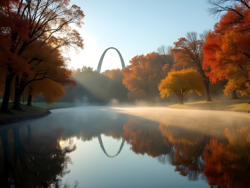 Peaceful autumn reflection in Forest Park lake with fall foliage and arch in distance