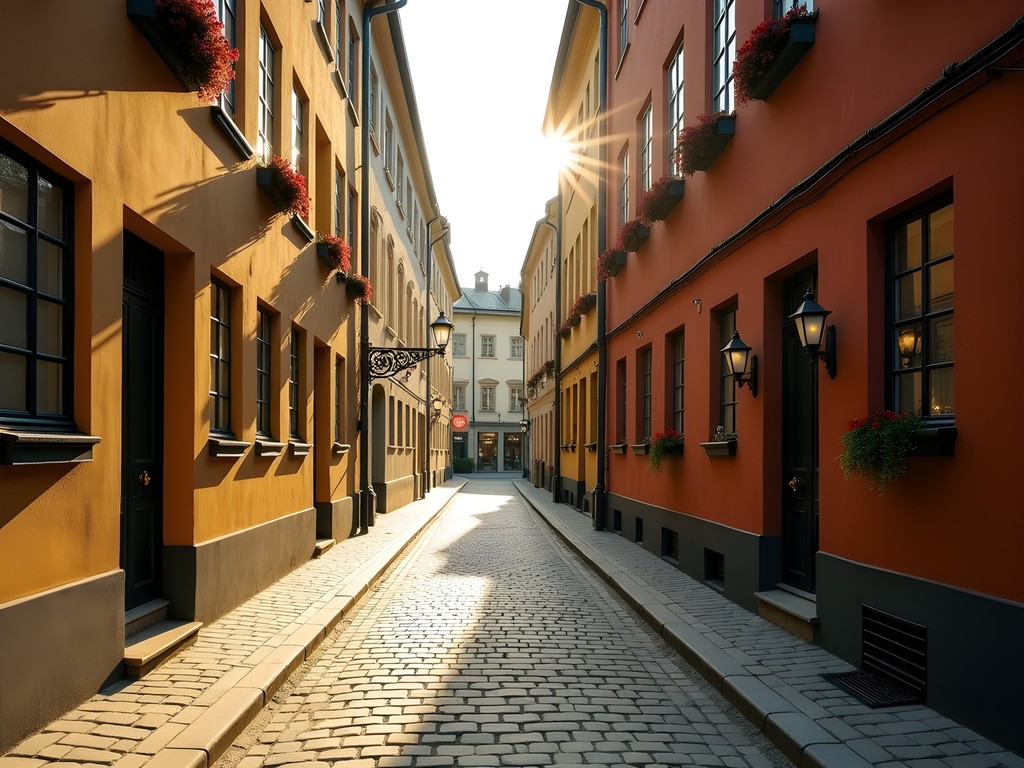 Empty morning street in Stockholm's Old Town with golden light