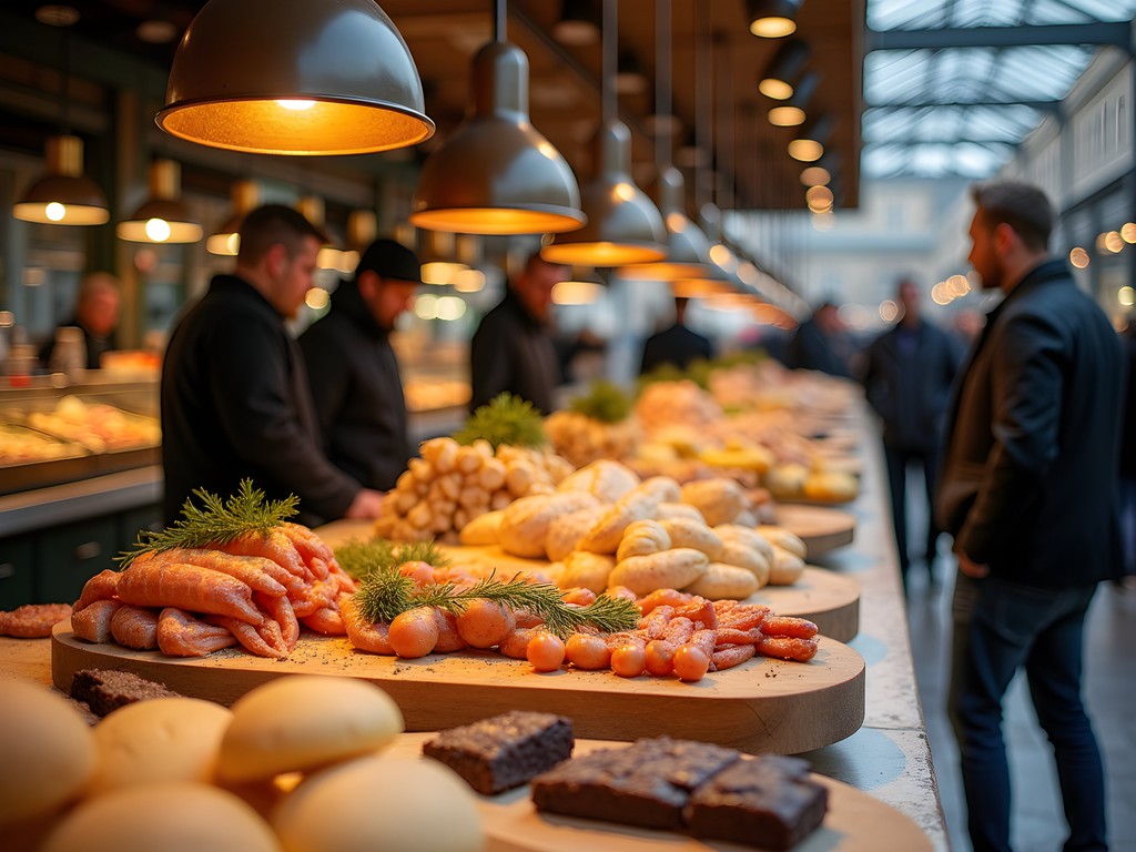 Gourmet food display at Östermalms Saluhall market in Stockholm