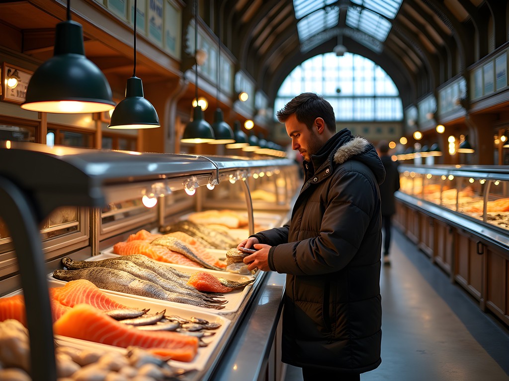Interior of the historic Östermalms Saluhall food market in Stockholm with traditional Swedish food displays