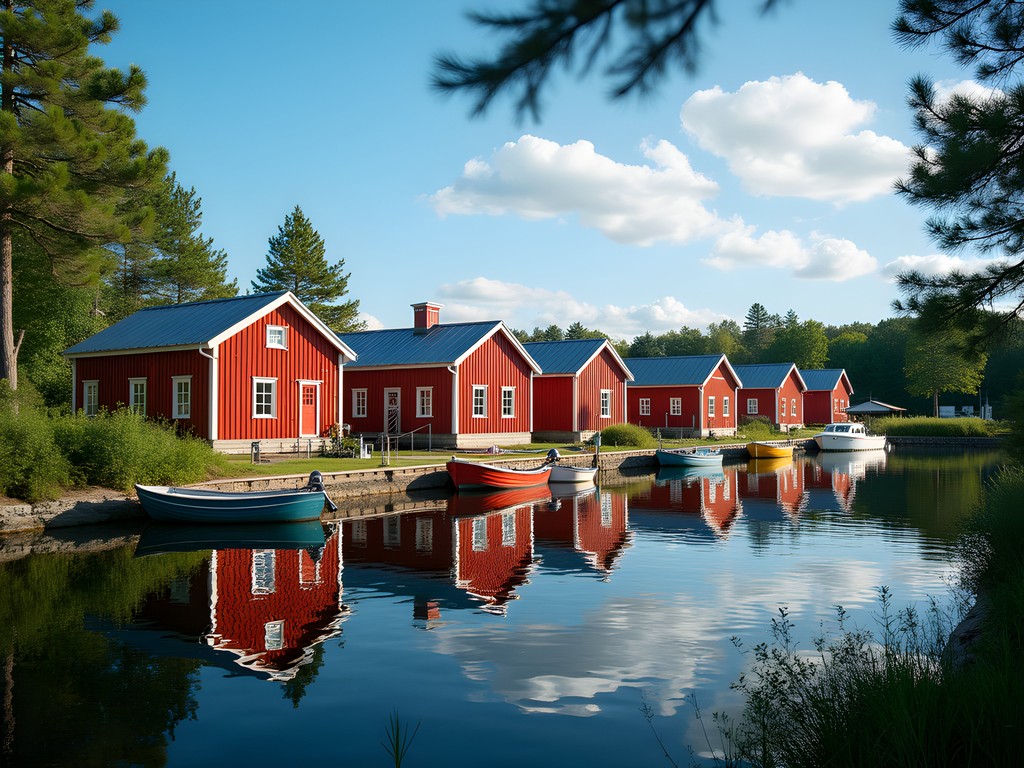 Red wooden houses along the waterfront of a Stockholm archipelago island with boats in foreground