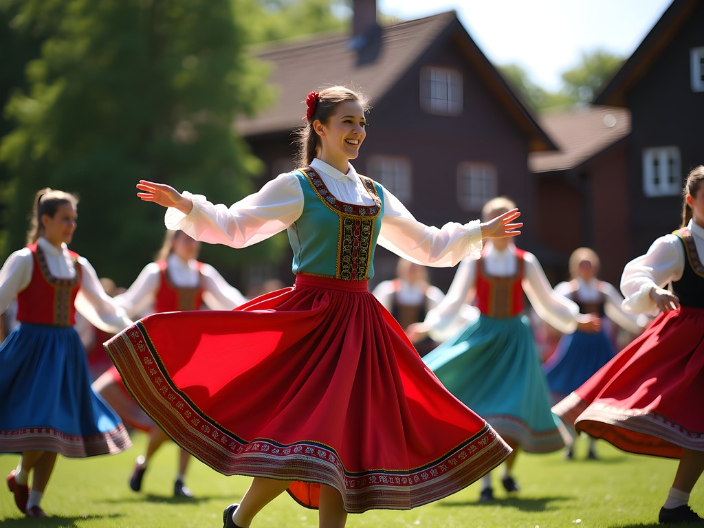 Traditional Swedish folk dancers performing at Skansen open-air museum in Stockholm