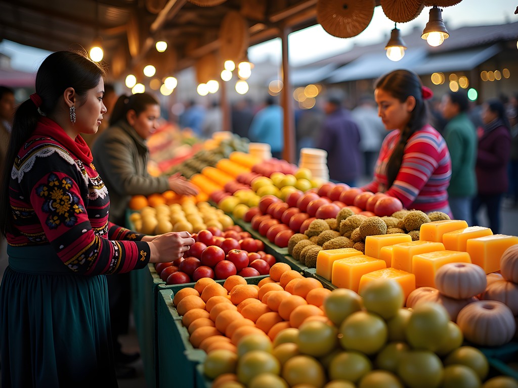 Colorful food stalls at Sucre's Central Market with fresh produce and traditional Bolivian dishes