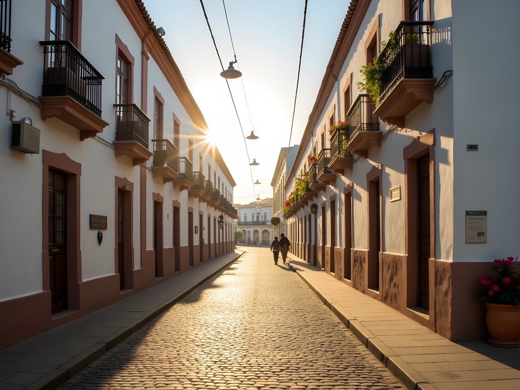 Solo traveler walking down a quiet colonial street in Sucre with white buildings and morning light