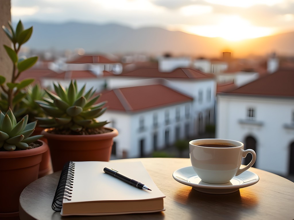Morning view from a Sucre cafe rooftop showing the white colonial city with mountains in background