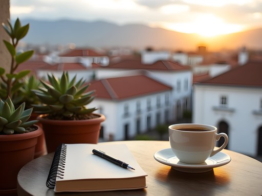 Morning view from a Sucre cafe rooftop showing the white colonial city with mountains in background
