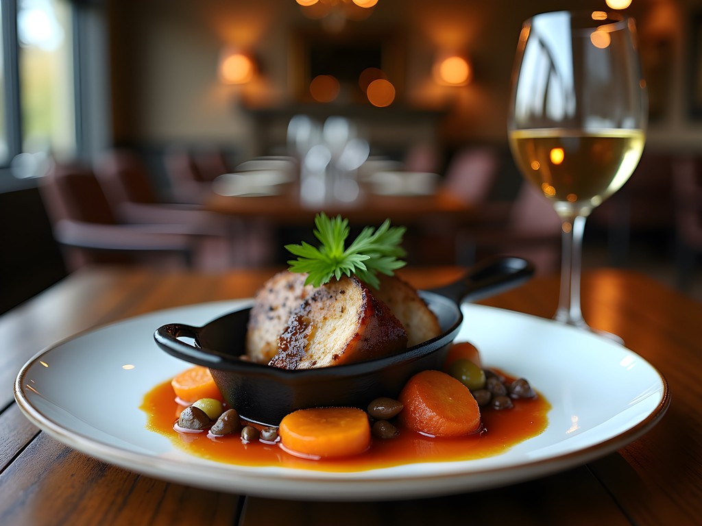Autumn harvest dinner plate at Harper's Table restaurant in Suffolk