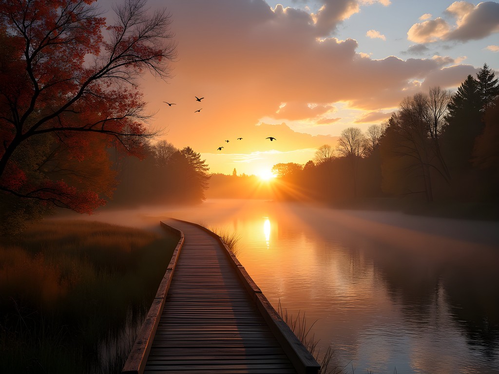 Sunset over Nansemond River with autumn foliage in Suffolk Virginia