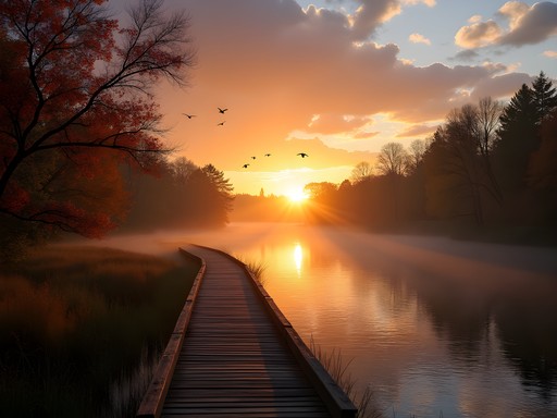 Sunset over Nansemond River with autumn foliage in Suffolk Virginia