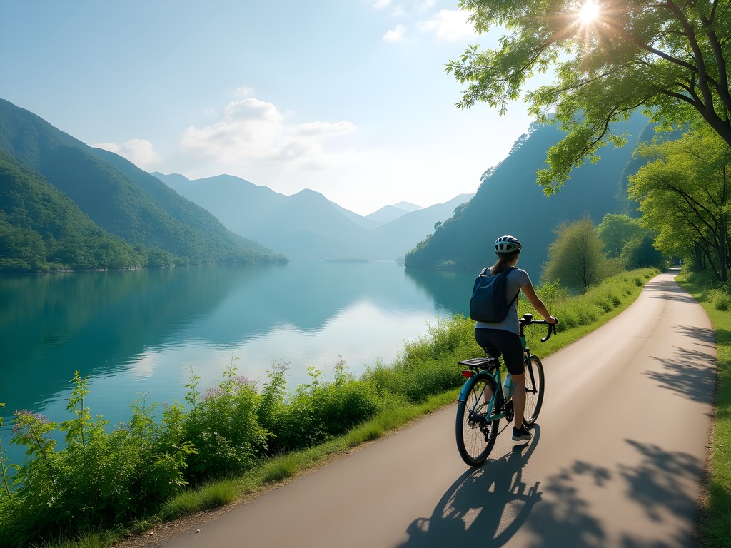 Solo female traveler riding e-bike along Sun Moon Lake's scenic eastern shore path