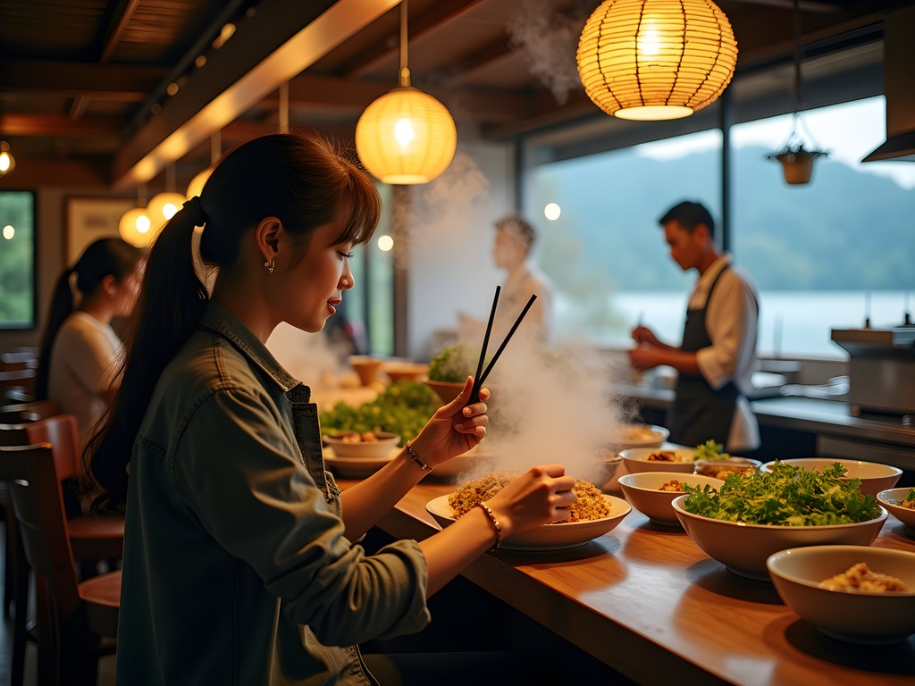 Solo female traveler enjoying local cuisine at counter-style restaurant in Ita Thao Village