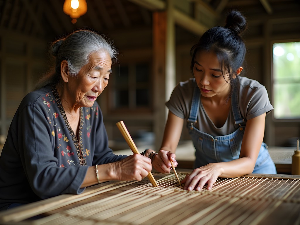 Thao indigenous artisan teaching bamboo weaving techniques to solo female traveler