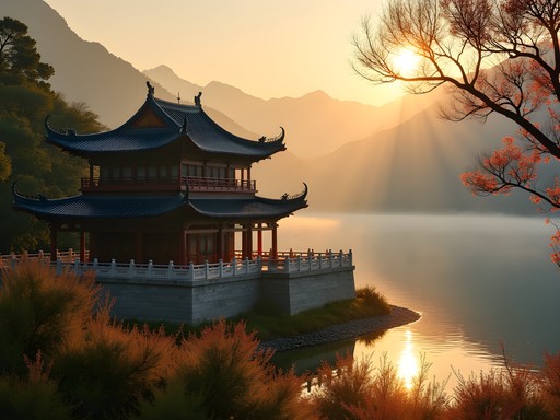 Sunrise at Wen Wu Temple with misty Sun Moon Lake in background