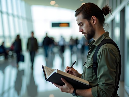 Solo traveler working with research materials during airport layover
