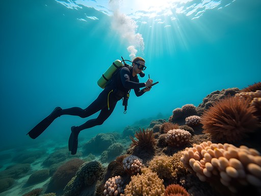 Marine biologist conducting coral health survey in clear blue waters near Malapascua Island