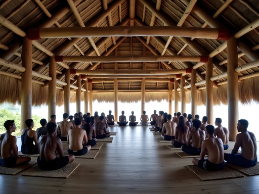 Traditional maneaba community meeting house in Tarawa with locals gathered for ceremonial kava drinking