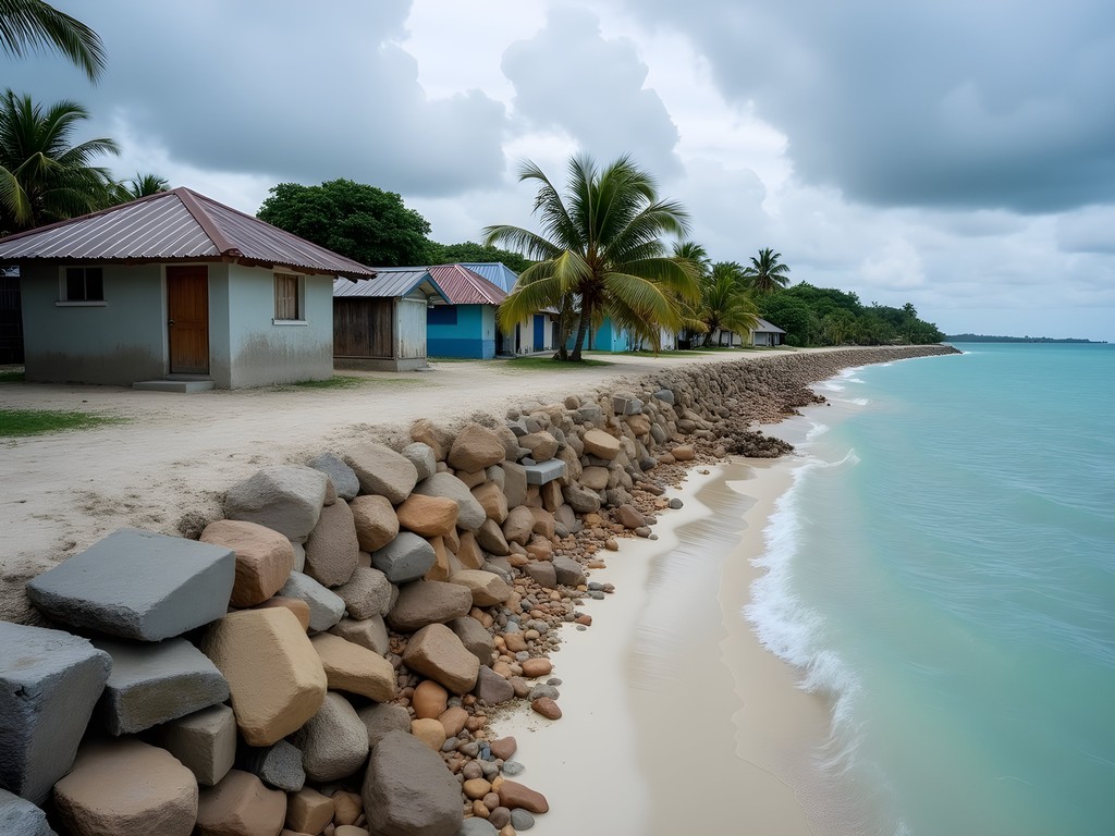 Improvised seawall protecting coastal homes in South Tarawa with visible erosion and high tide marks