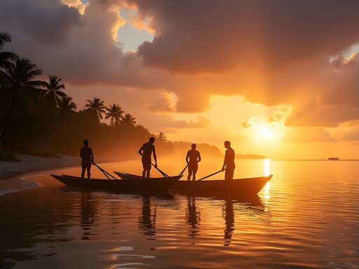 Local fishermen preparing traditional outrigger canoes at sunrise on Tarawa lagoon