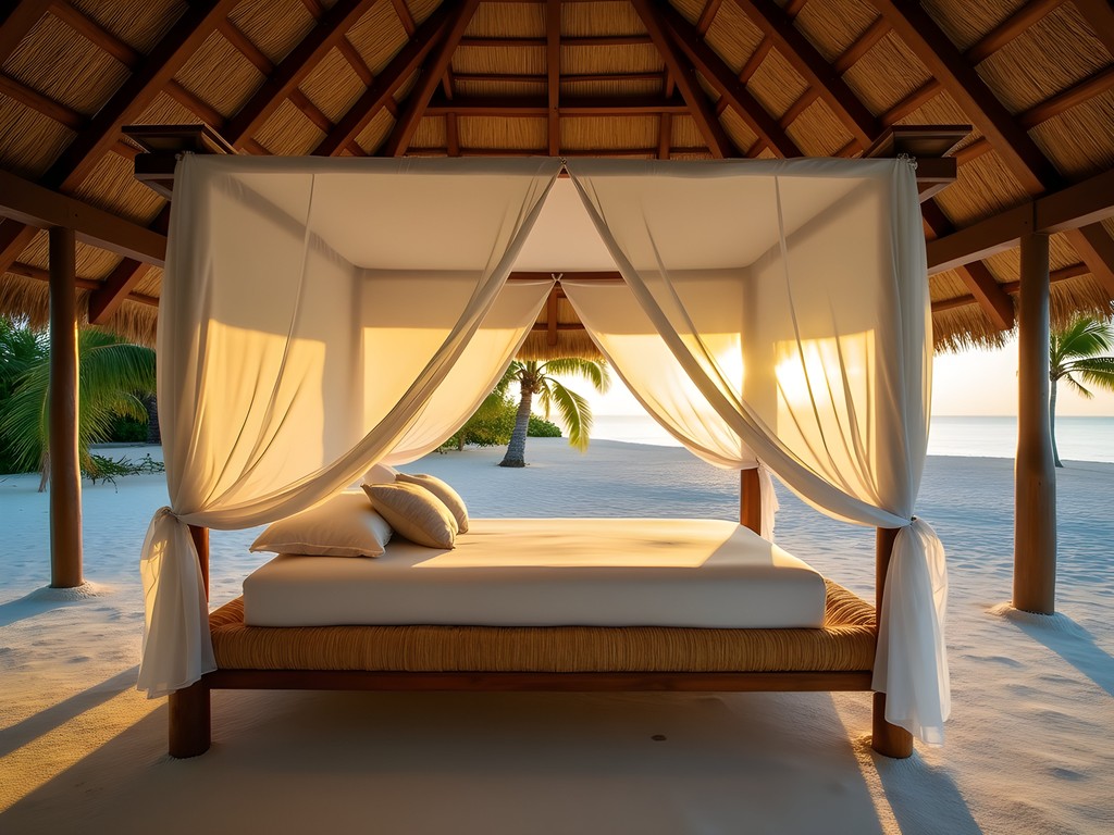 Traditional raised open-air buia sleeping platform with woven mats and mosquito netting in North Tarawa