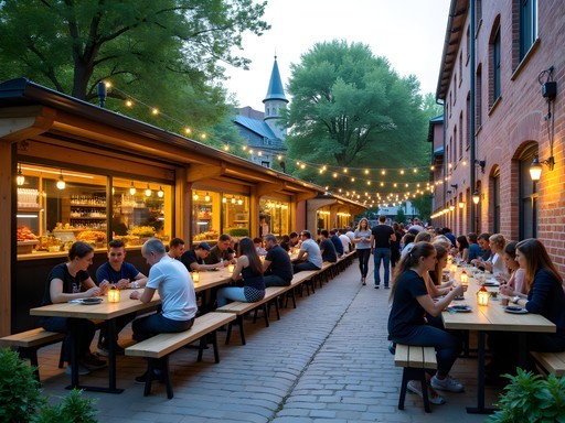 Aparaaditehas creative quarter outdoor dining area with food stalls in Tartu