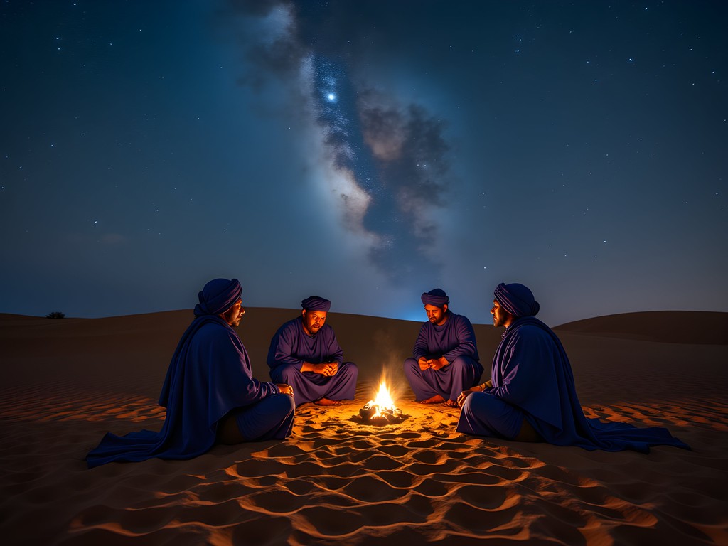 Nighttime desert camp with Tuareg guides under starry Sahara sky near Timbuktu