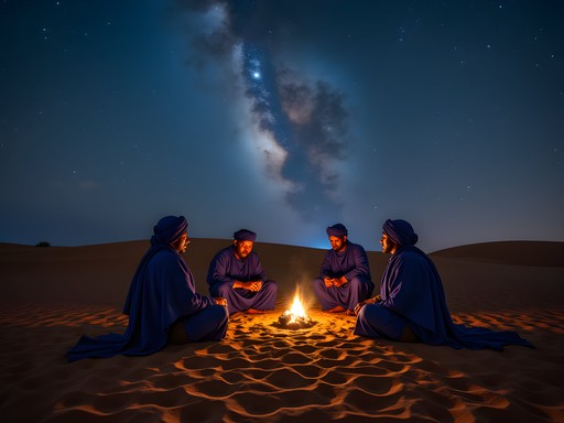 Nighttime desert camp with Tuareg guides under starry Sahara sky near Timbuktu
